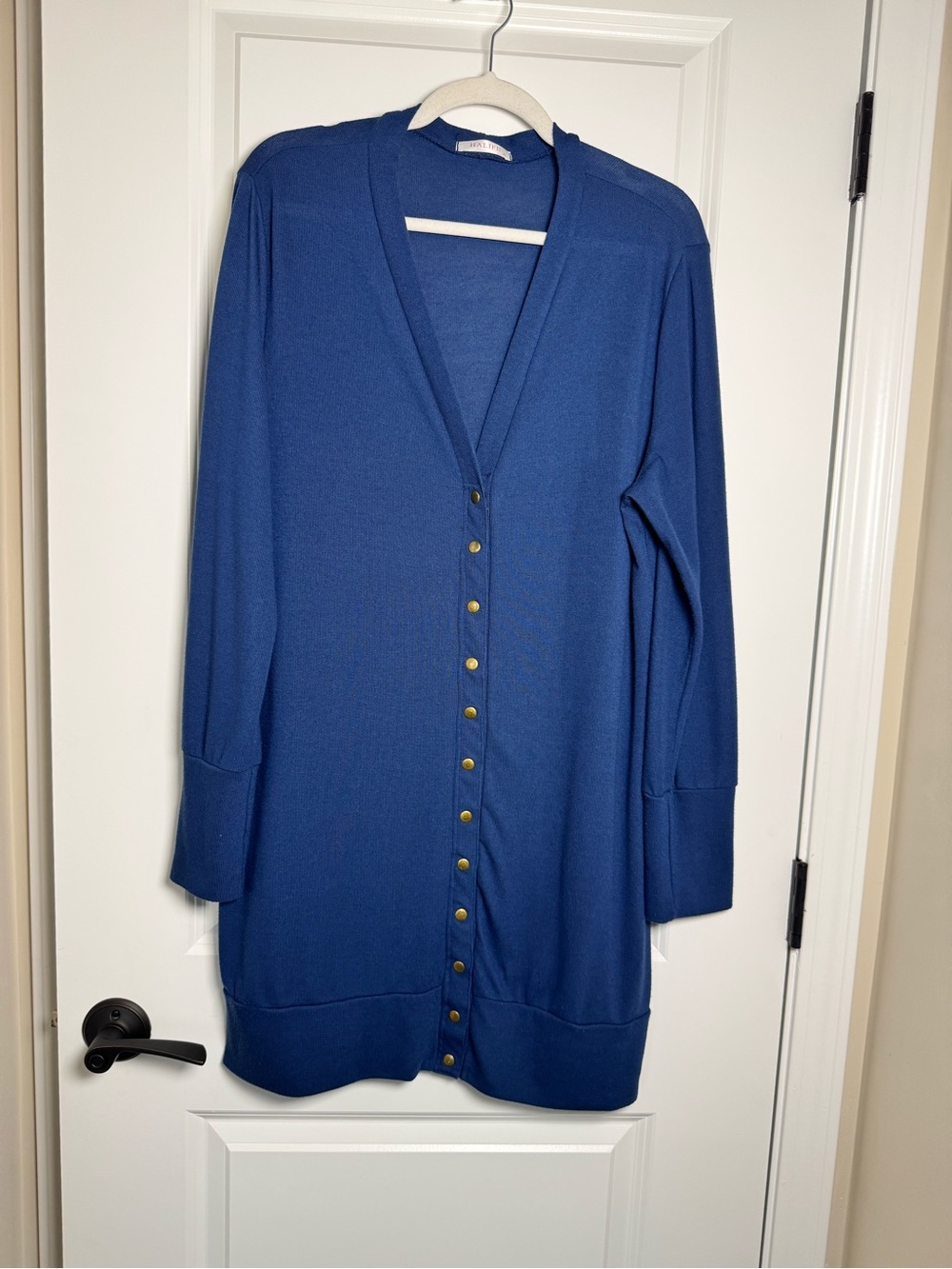 Long Blue V-Neck Button-Front Women's Cardigan